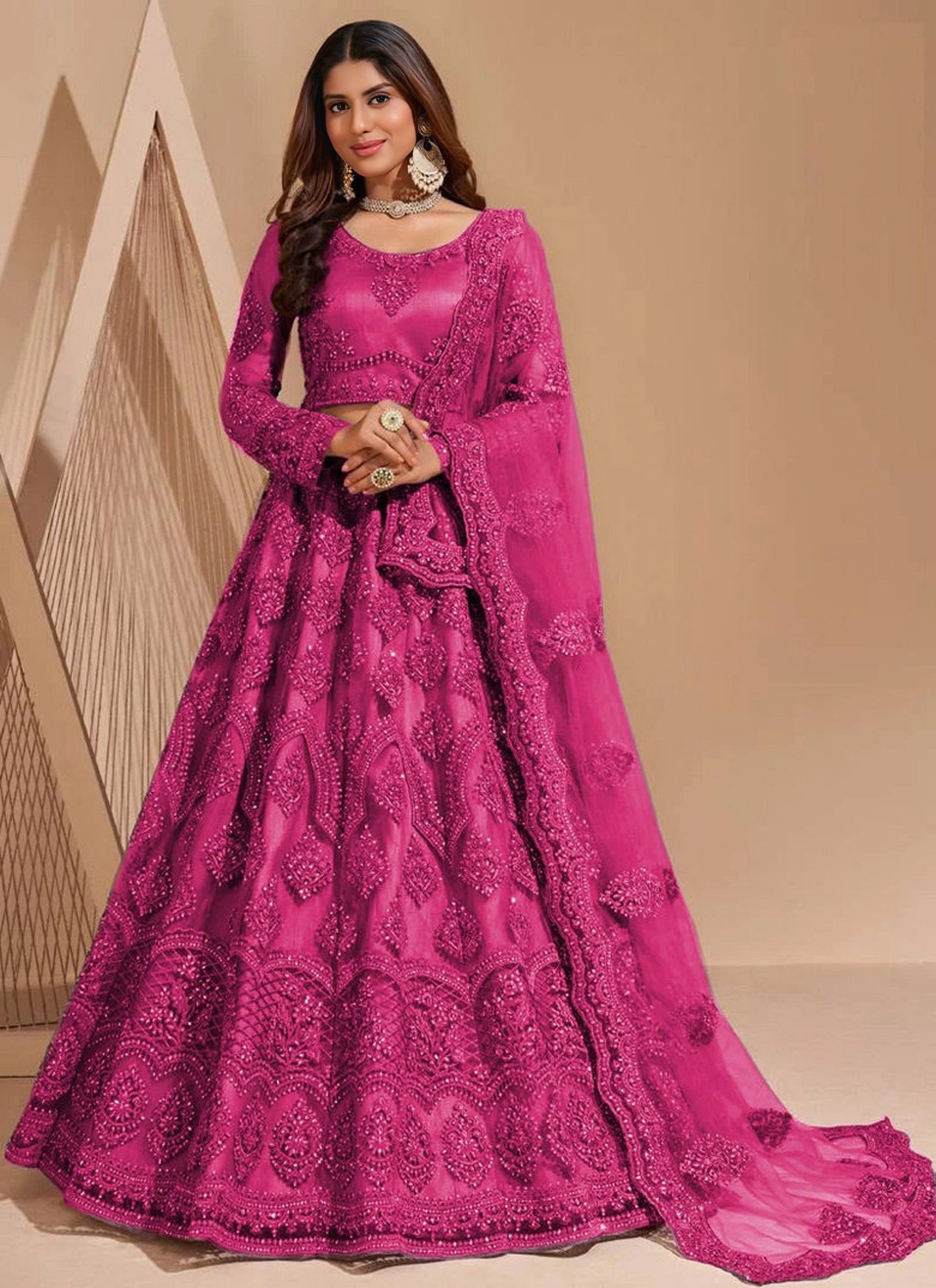 Mustard net embroidered lehenga
