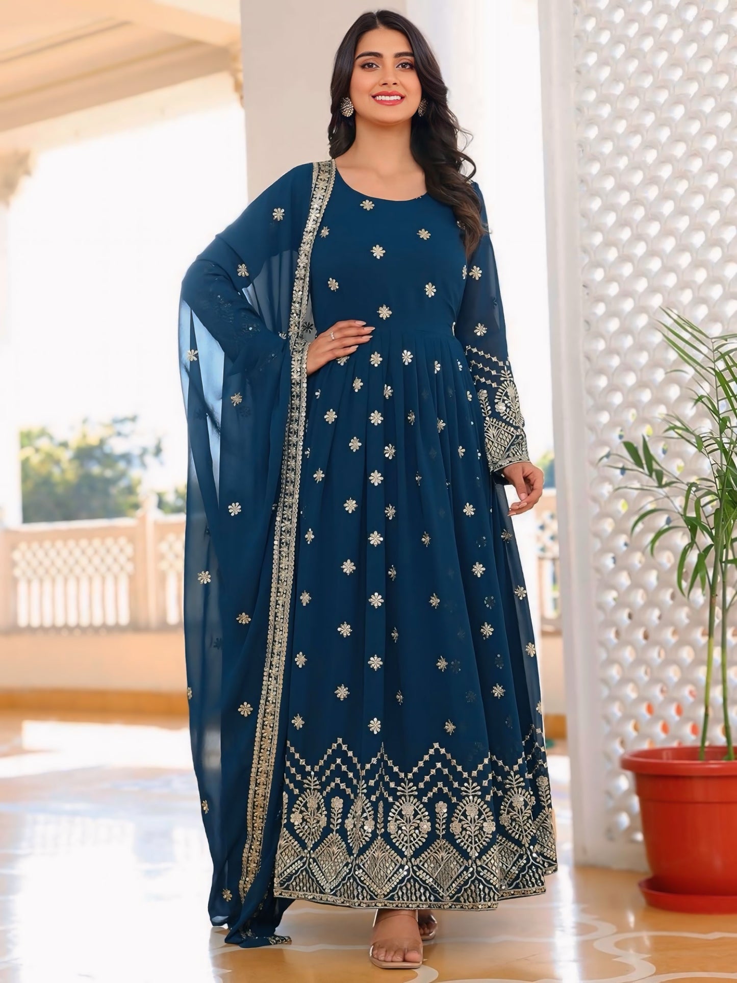 Georegtte Premium Quality Blue Embroidered Anarkali Dress
