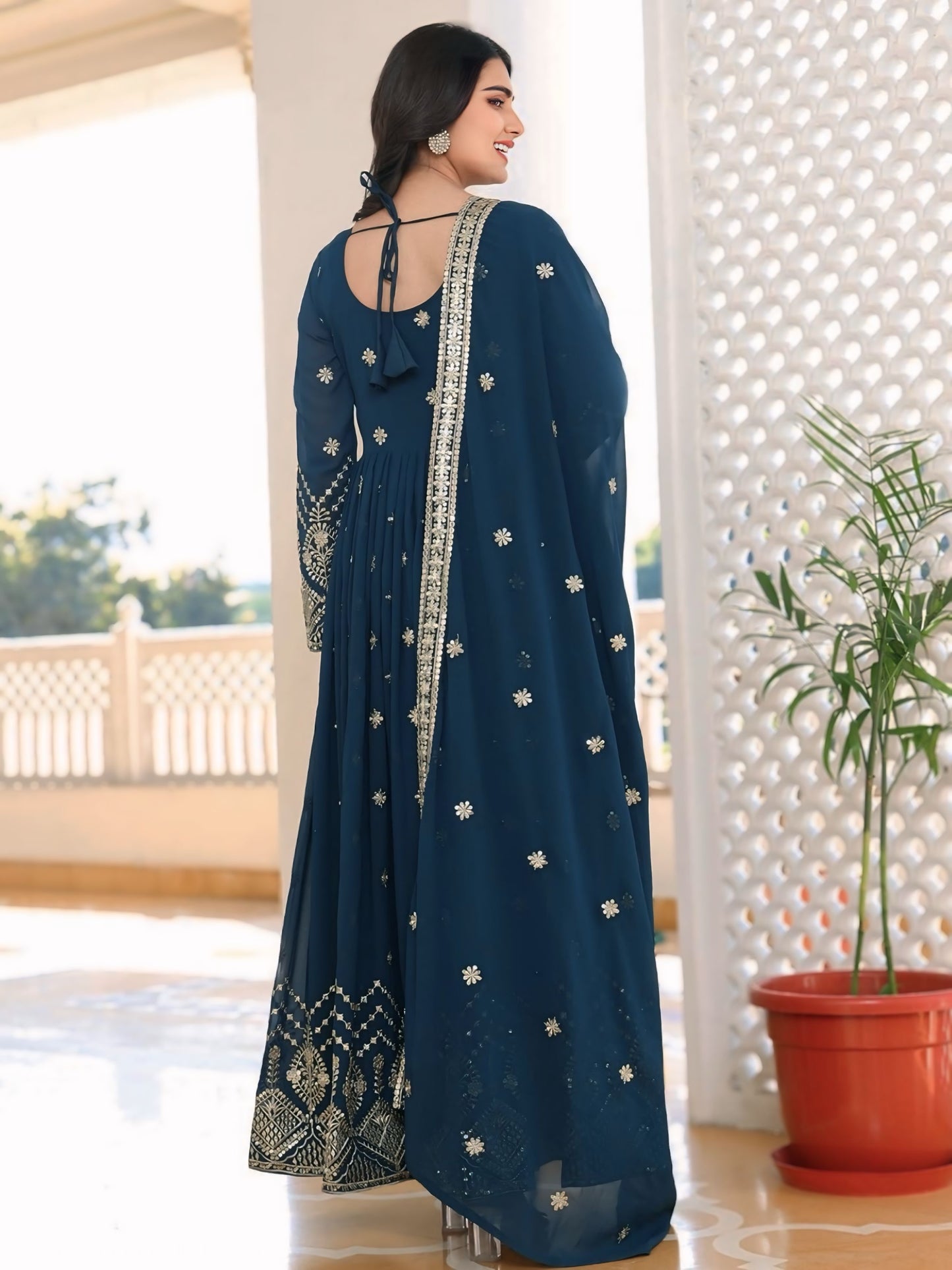 Georegtte Premium Quality Blue Embroidered Anarkali Dress