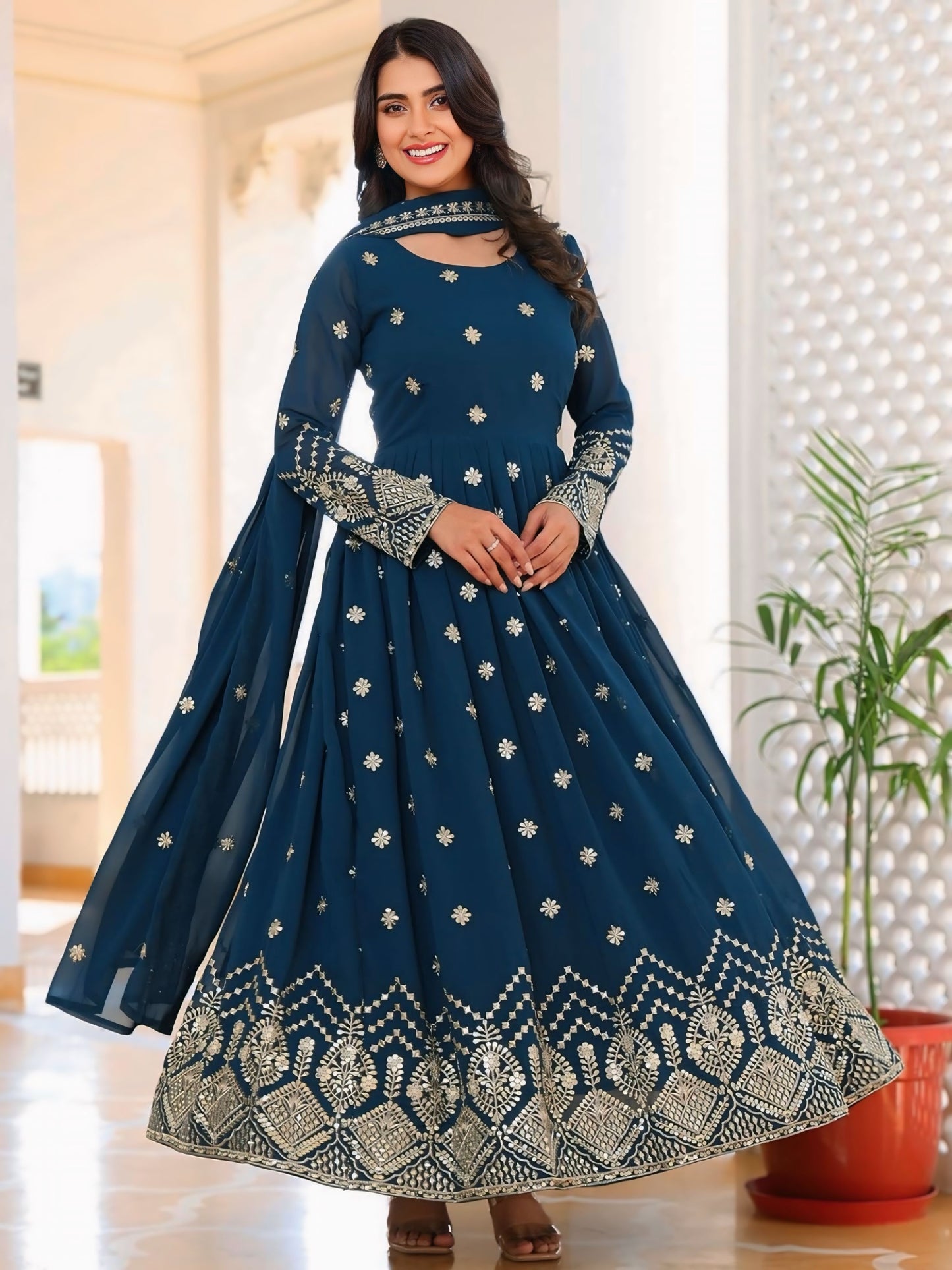 Georegtte Premium Quality Blue Embroidered Anarkali Dress