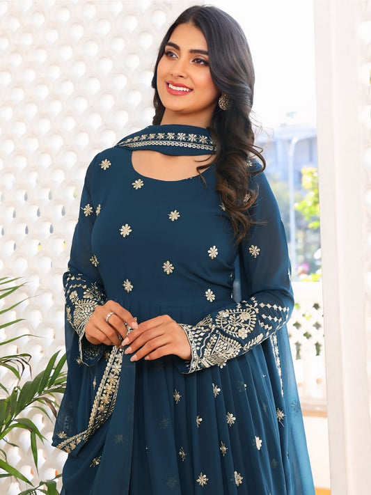 Georegtte Premium Quality Blue Embroidered Anarkali Dress