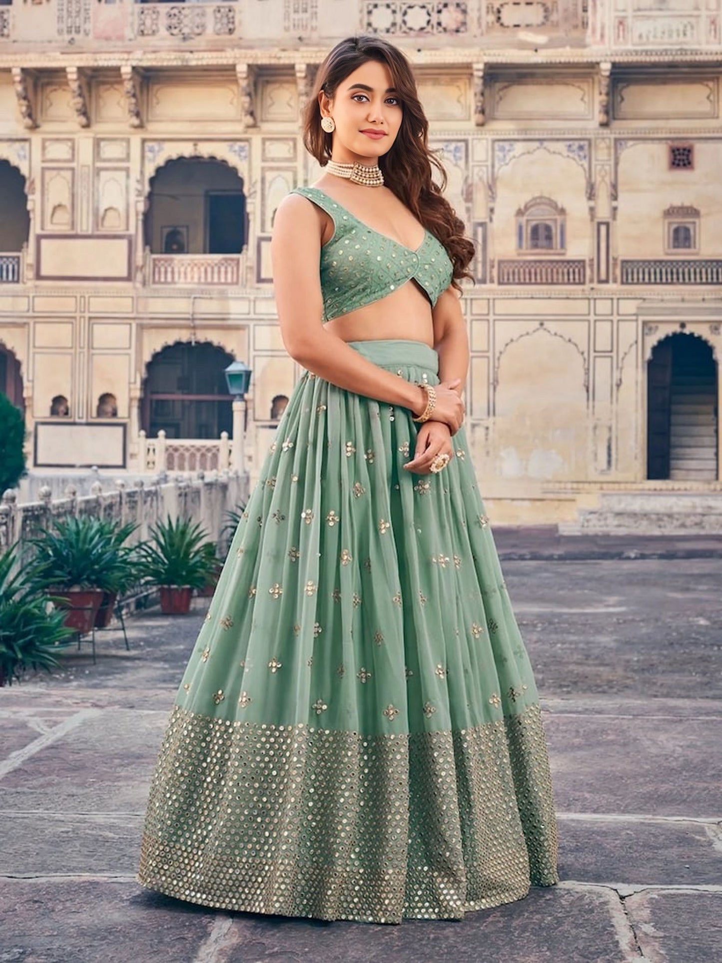 Sequins Embroidered Georgette Flared Style Lehenga Choli