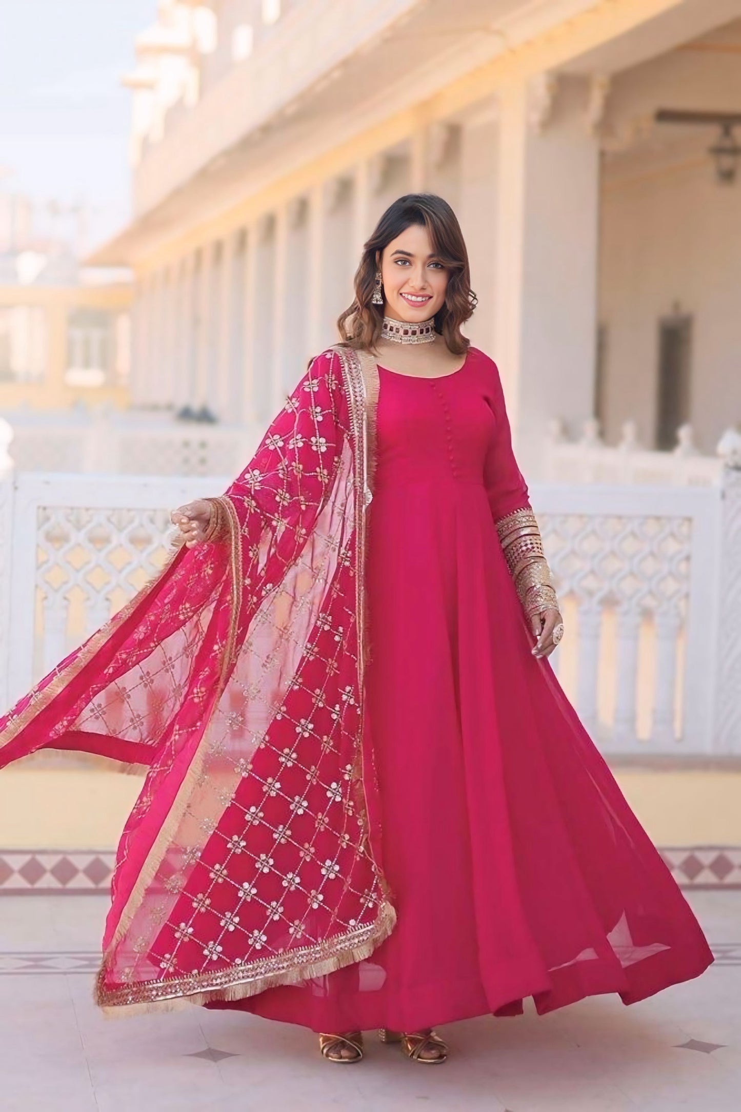 Embroidered Premium Georgette Stitched Anarkali Gown (Pink)