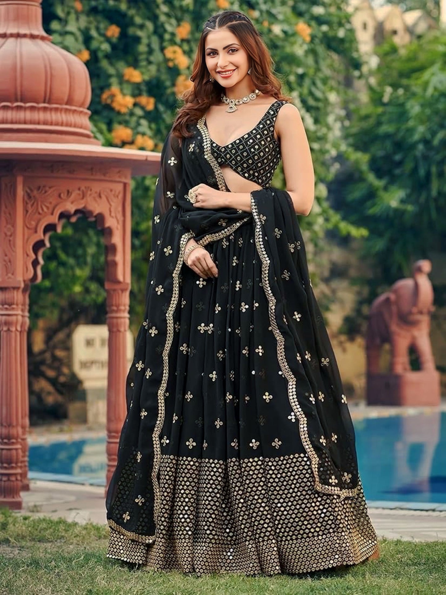 Sequins Embroidered Georgette Flared Style Lehenga Choli