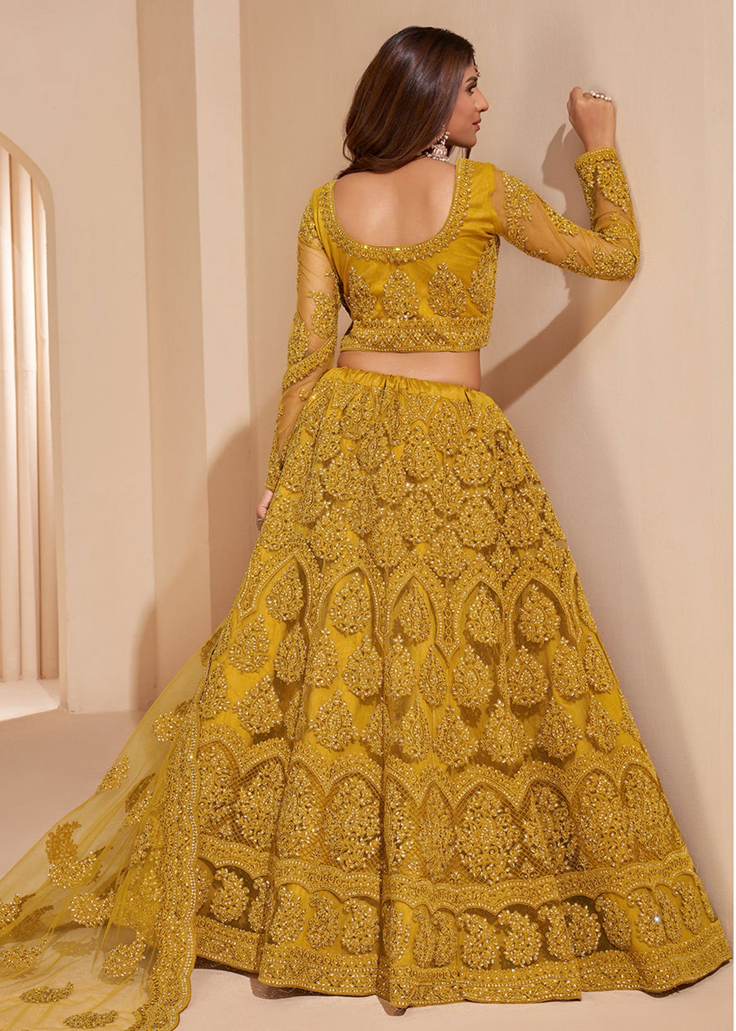 Mustard net embroidered lehenga