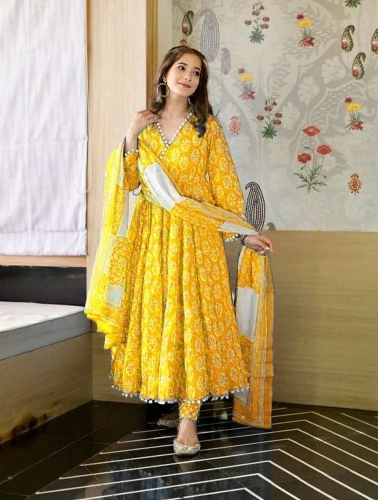 Premium Quality Floral Print Anarkali Kurta With Dupatta Set