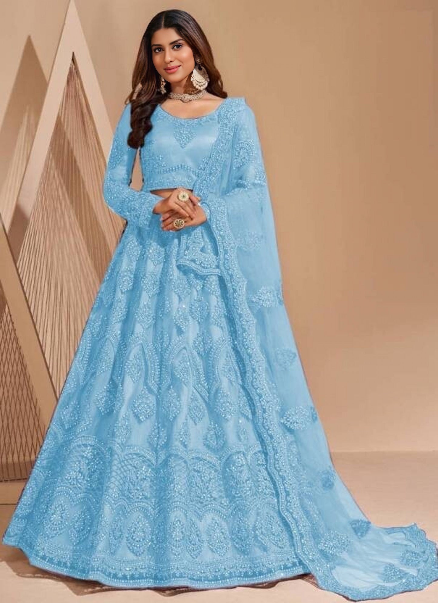 Mustard net embroidered lehenga