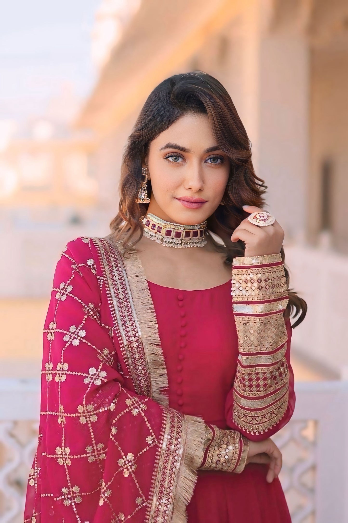 Embroidered Premium Georgette Stitched Anarkali Gown (Pink)