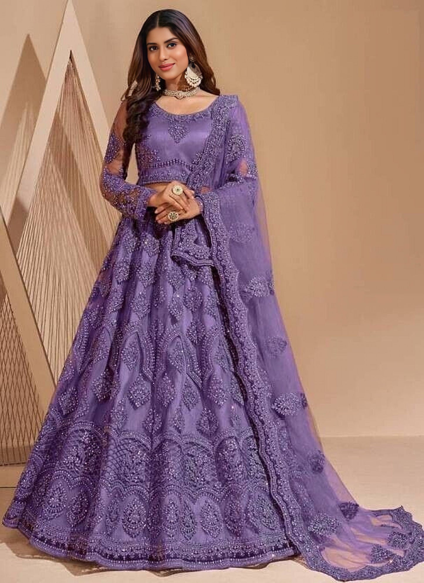 Mustard net embroidered lehenga