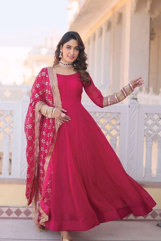 Embroidered Premium Georgette Stitched Anarkali Gown (Pink)