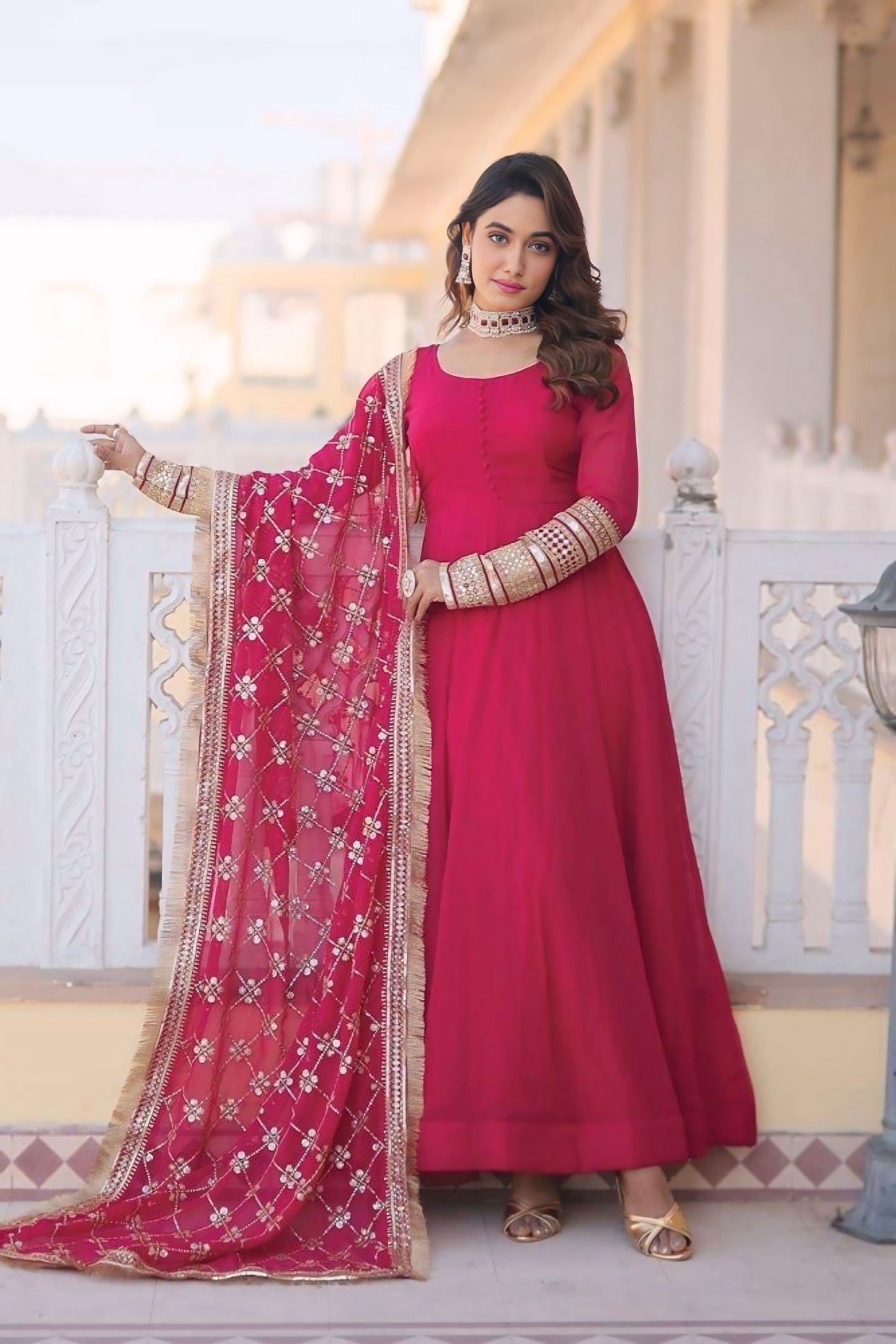 Embroidered Premium Georgette Stitched Anarkali Gown (Pink)