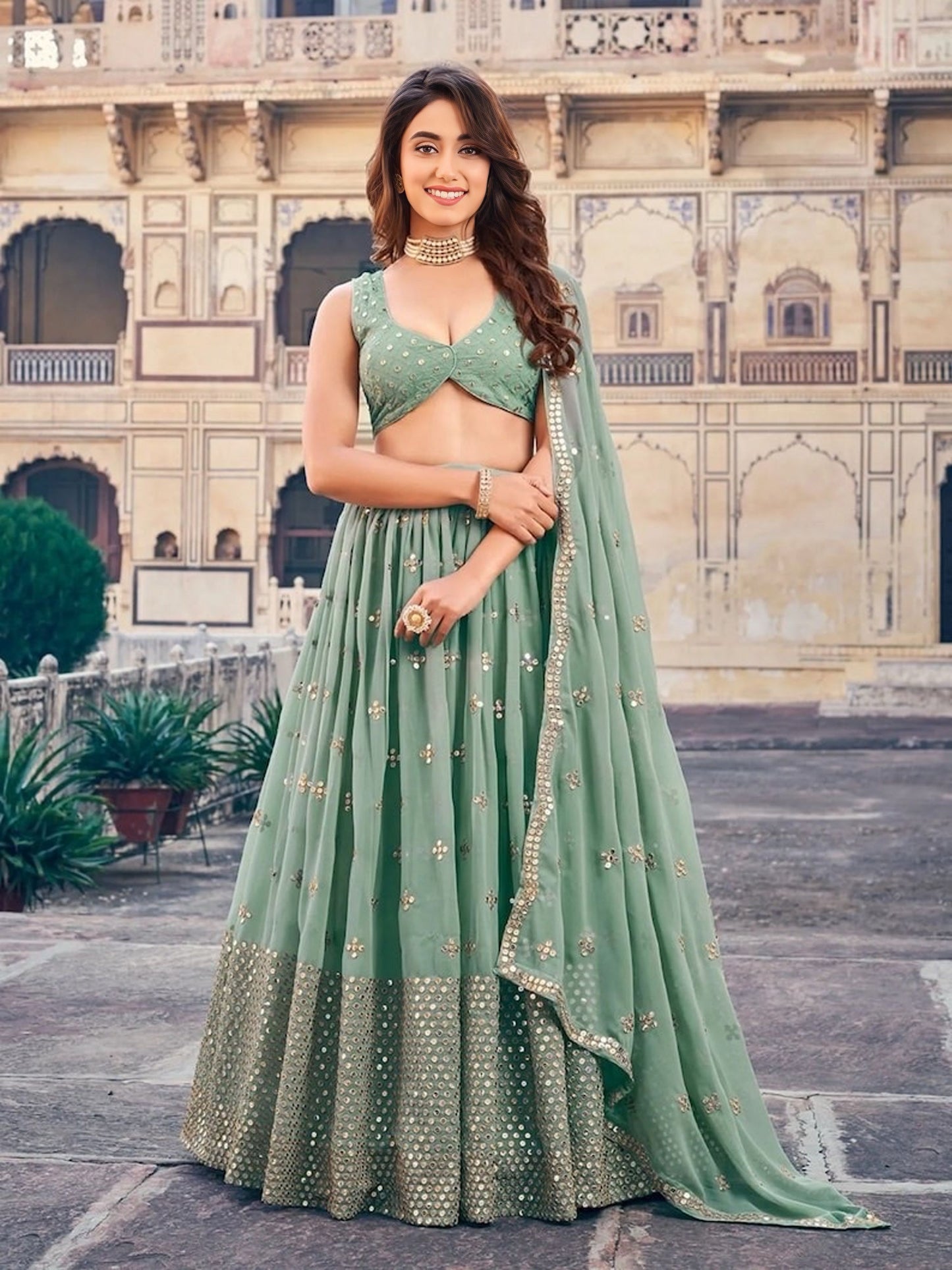 Sequins Embroidered Georgette Flared Style Lehenga Choli