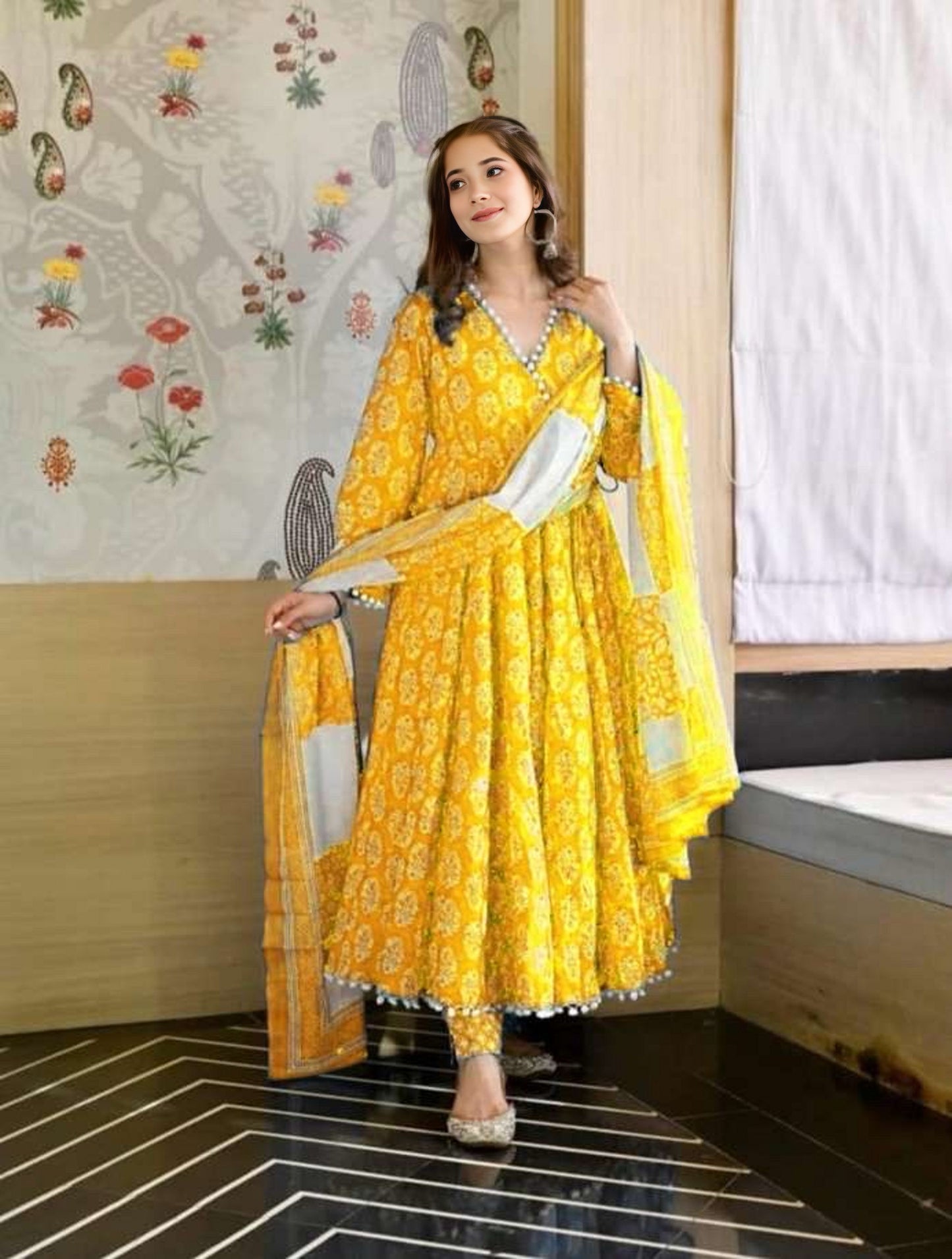 Premium Quality Floral Print Anarkali Kurta With Dupatta Set