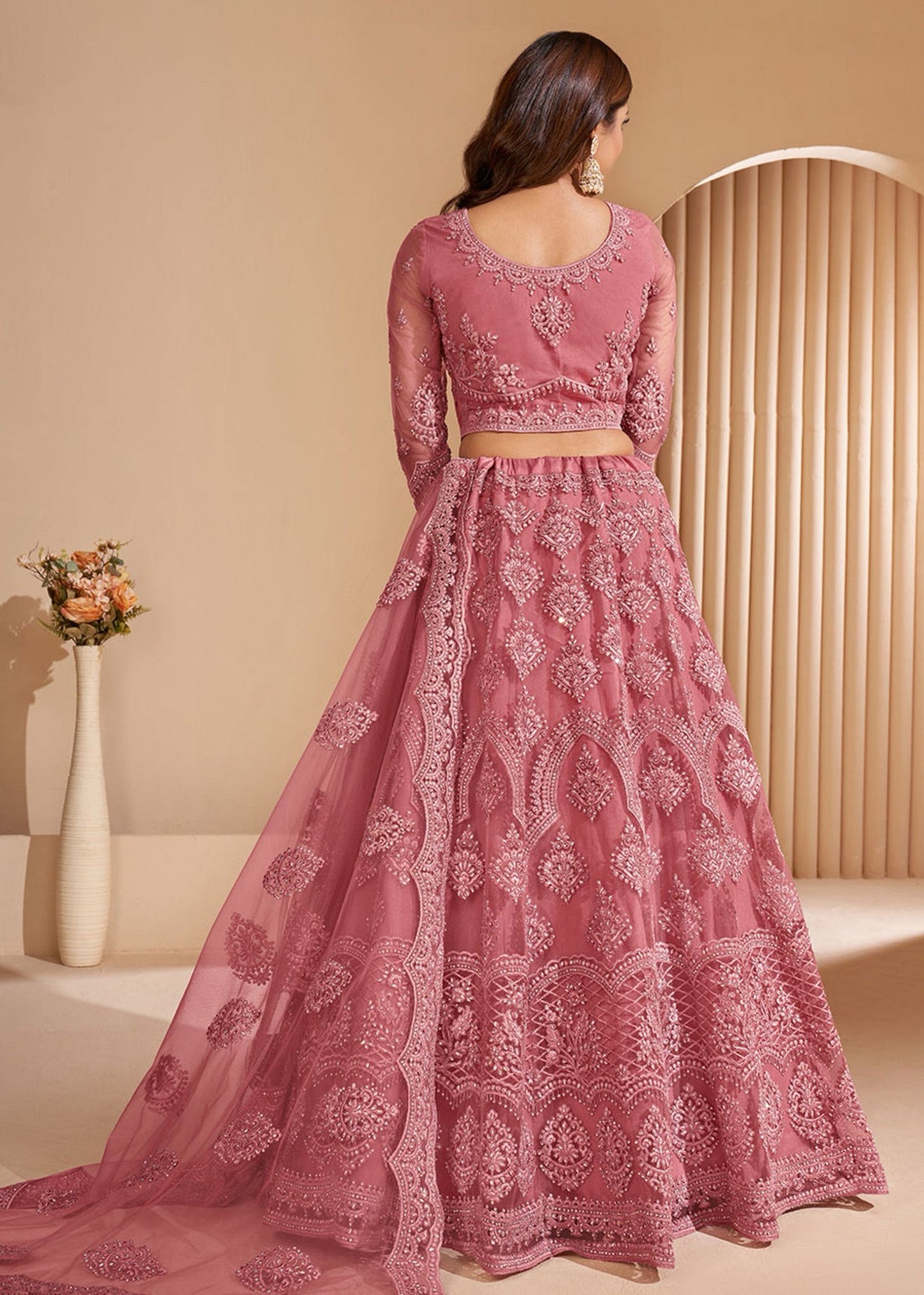 Mustard net embroidered lehenga