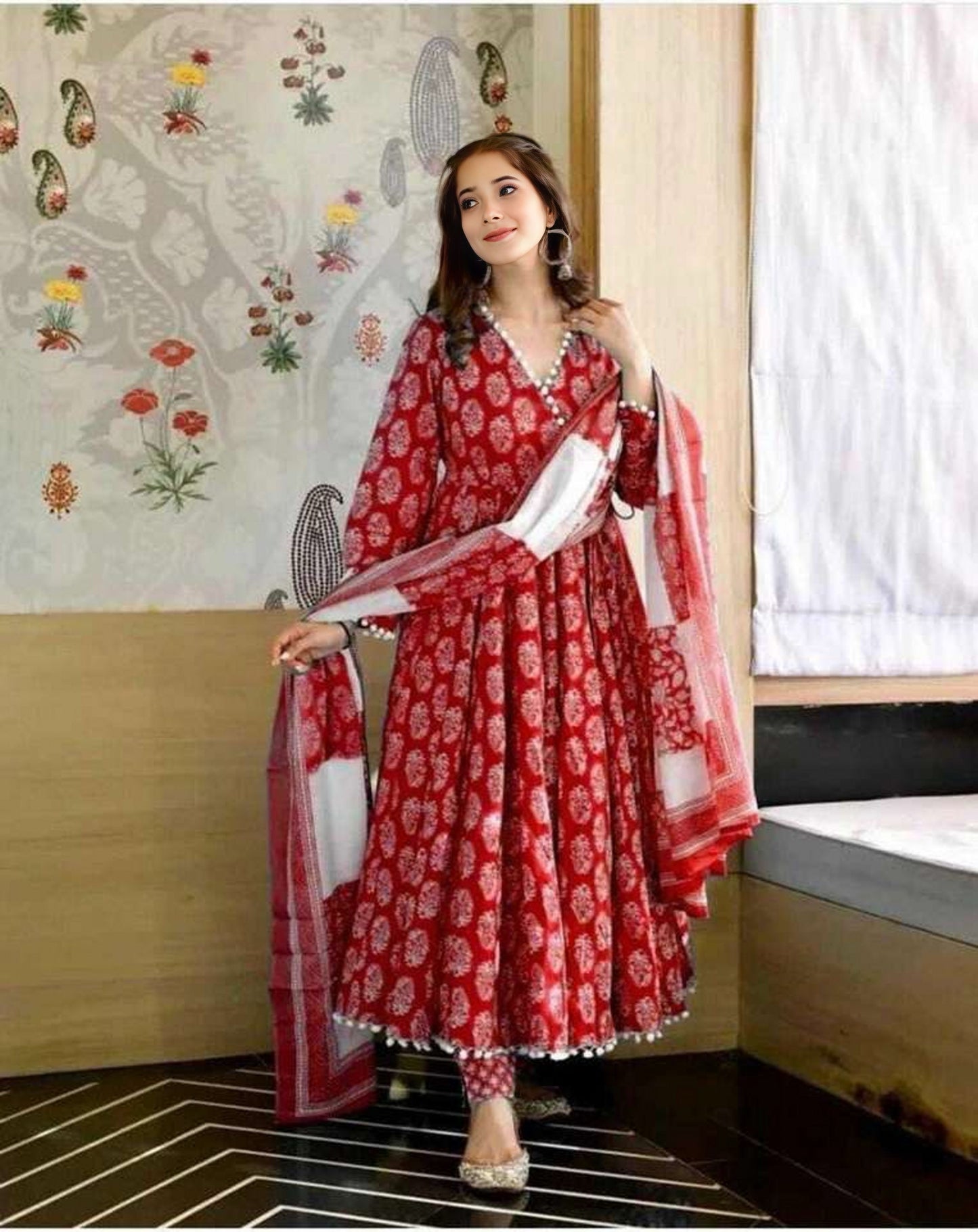 Premium Quality Floral Print Anarkali Kurta With Dupatta Set