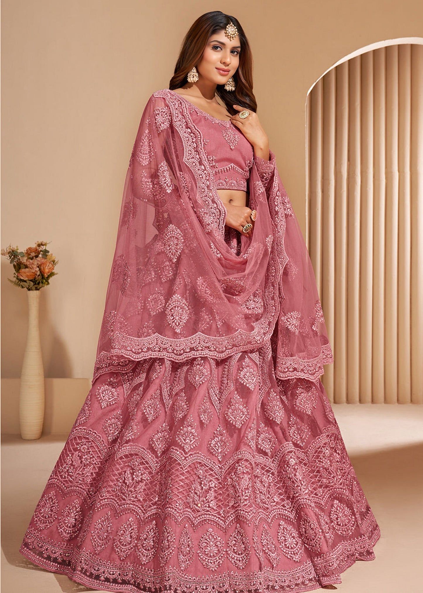 Mustard net embroidered lehenga