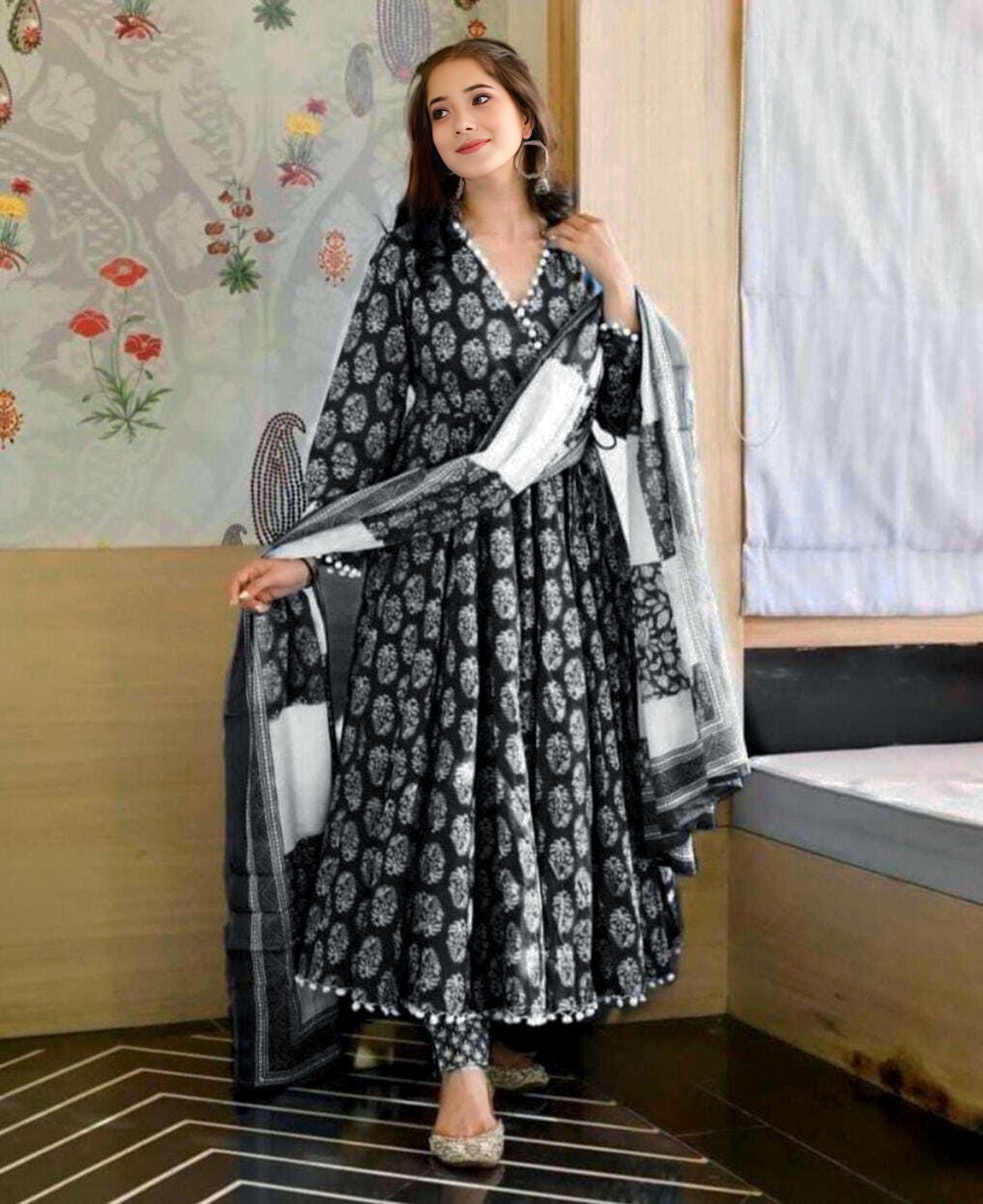 Premium Quality Floral Print Anarkali Kurta With Dupatta Set
