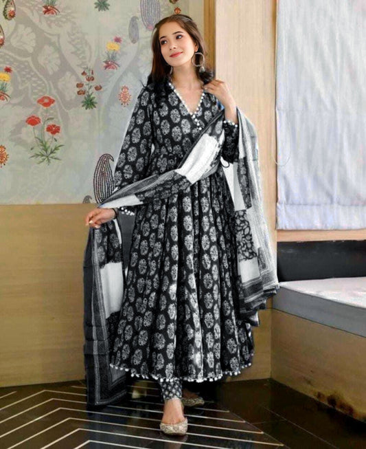 Premium Quality Floral Print Anarkali Kurta With Dupatta Set