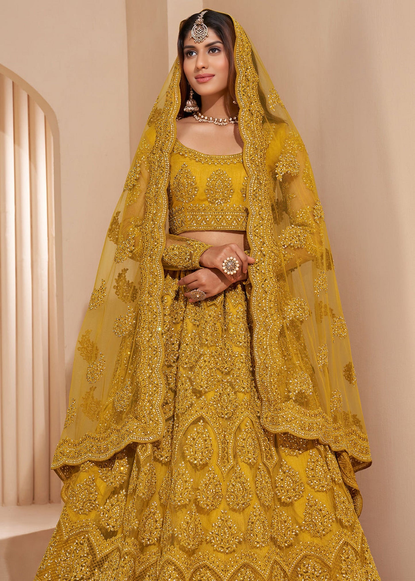 Mustard net embroidered lehenga