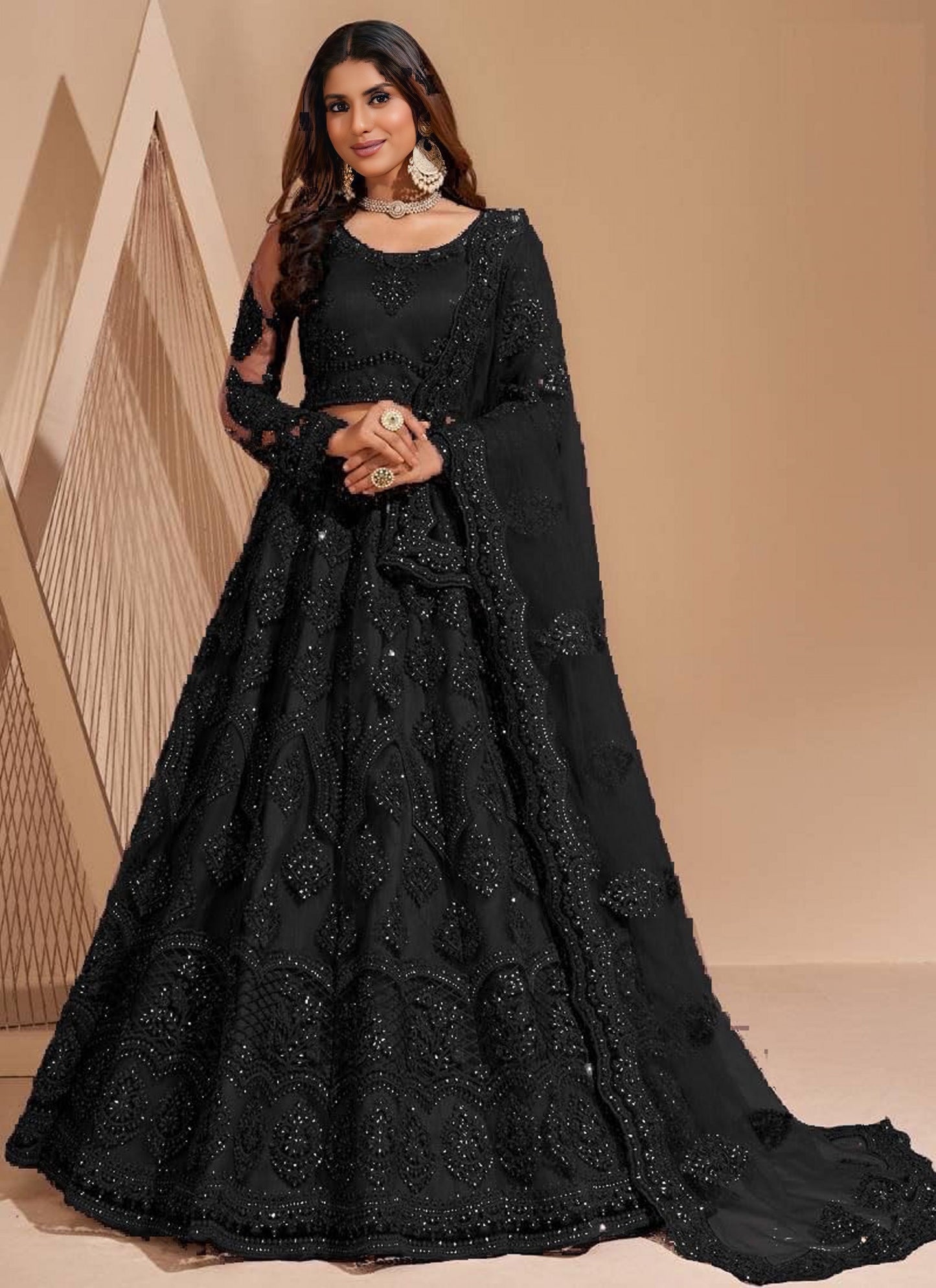Mustard net embroidered lehenga