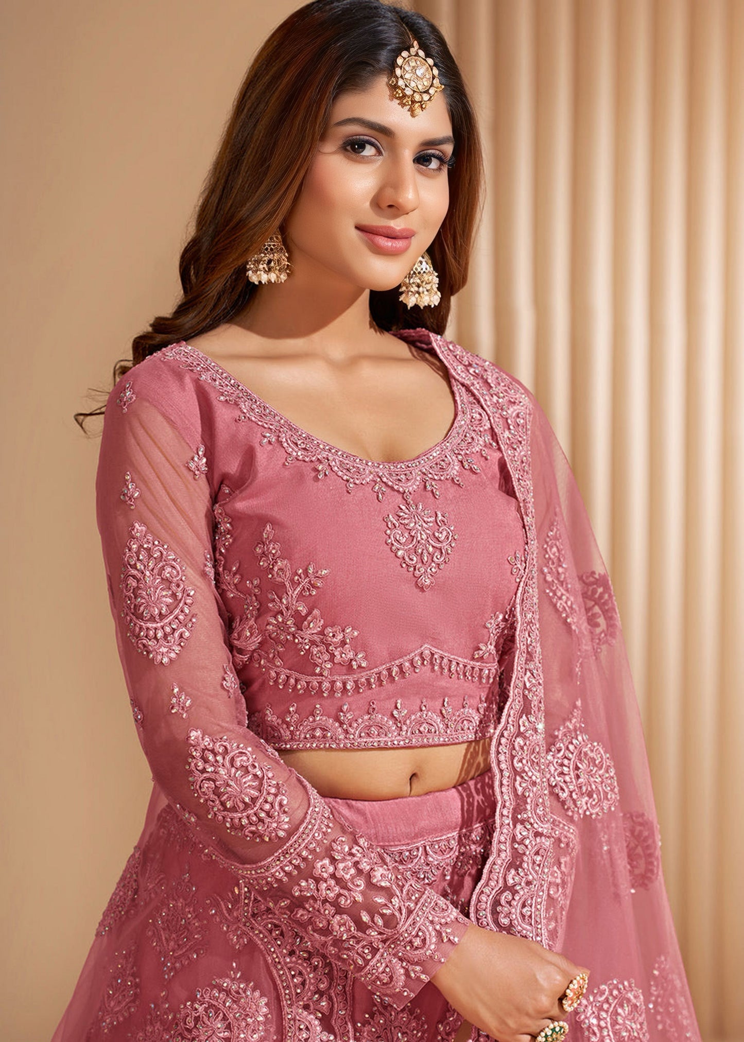 Mustard net embroidered lehenga
