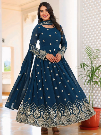 Georegtte Premium Quality Blue Embroidered Anarkali Dress