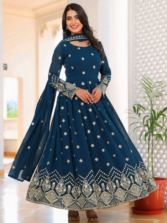 Georegtte Premium Quality Blue Embroidered Anarkali Dress