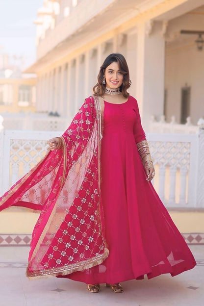 Embroidered Premium Georgette Stitched Anarkali Gown (Pink)