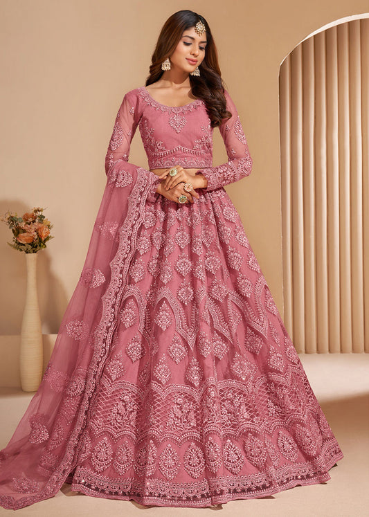 Mustard net embroidered lehenga