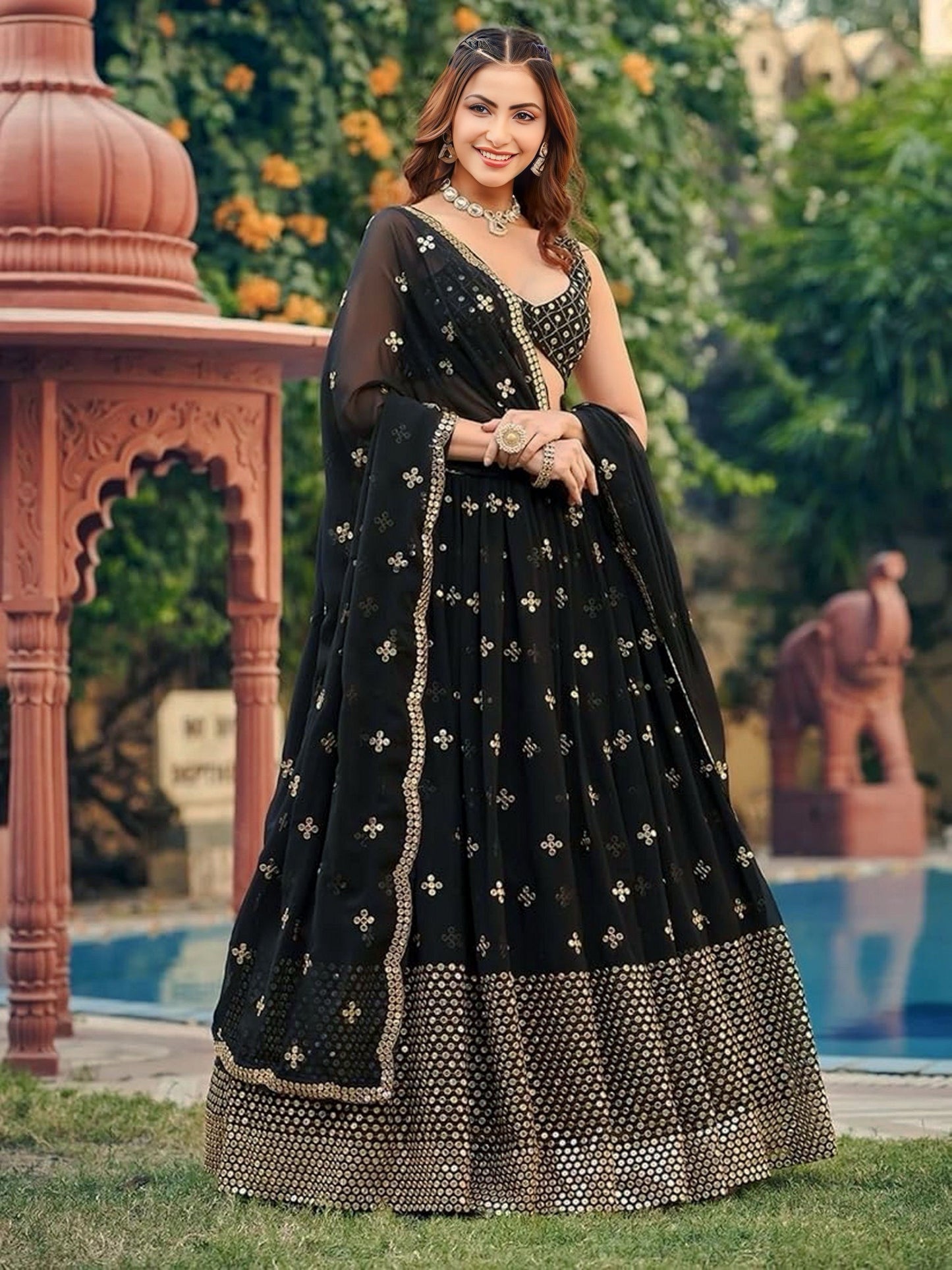 Sequins Embroidered Georgette Flared Style Lehenga Choli