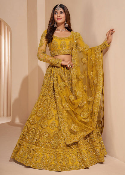 Mustard net embroidered lehenga