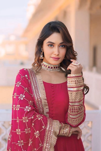 Embroidered Premium Georgette Stitched Anarkali Gown (Pink)