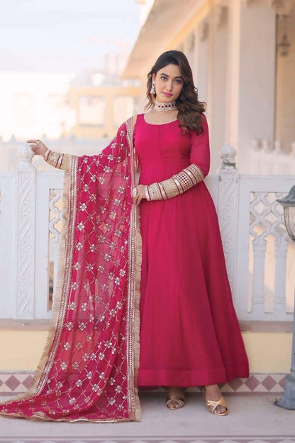 Embroidered Premium Georgette Stitched Anarkali Gown (Pink)