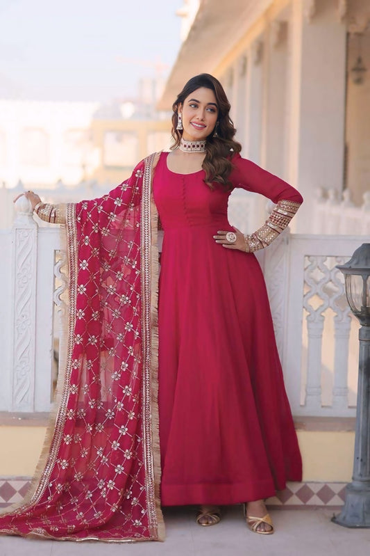 Embroidered Premium Georgette Stitched Anarkali Gown (Pink)