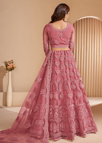 Mustard net embroidered lehenga